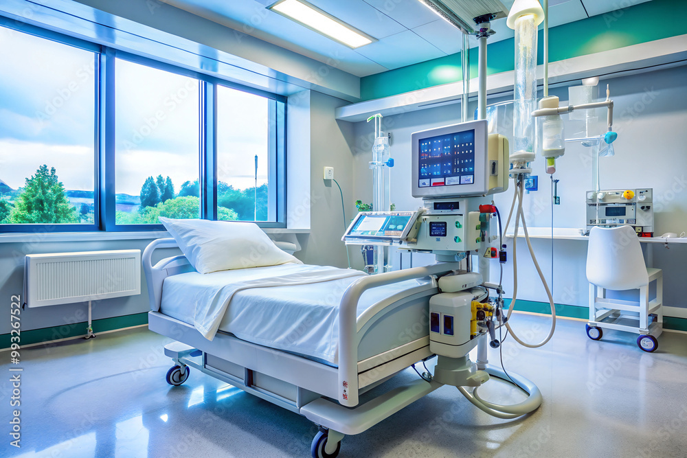A medical ventilator machine in a quiet hospital ICU room with an empty bed. A medical ventilator machine in a quiet hospital ICU room with an empty bed.