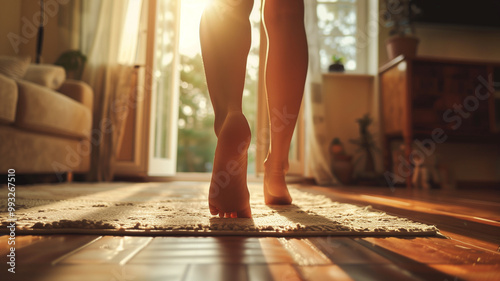 A woman walking barefoot in the room towards to the balcony or outside at sunset