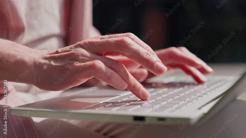 Close camera view of person hands typing mail on laptop. Holding portative computer on legs while sitting on chair or couch. Actively pressing keys on keyboard. Entering data. Communicating online. Close camera view of person hands typing mail on laptop. Holding portative computer on legs while sitting on chair or couch. Actively pressing keys on keyboard. Entering data. Communicating online.