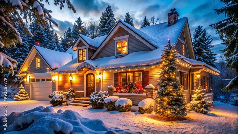 Festive Christmas Lights Adorning a Charming Ranch-Style Home in a Cozy Winter Setting Festive Christmas Lights Adorning a Charming Ranch-Style Home in a Cozy Winter Setting
