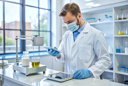 A pharmacist measuring medicine using a digital scale in a sterile lab.