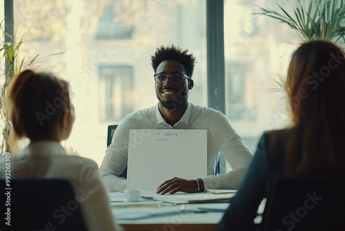 A Job Candidate Confidently Presents His Work in a Modern Office During a Job Interview on a Sunny Day