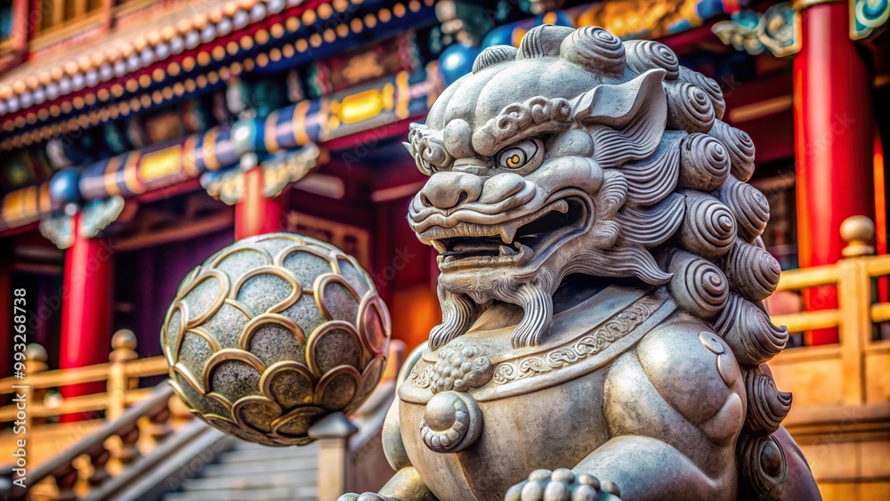 A close up of a Chinese Guardian Lion statue with a ball at the main entrance of We Extreme Close Up, ornamental, mythical, culture, historic, sculpture, detailed, symbolic meaning, statue A close up of a Chinese Guardian Lion statue with a ball at the main entrance of We Extreme Close Up, ornamental, mythical, culture, historic, sculpture, detailed, symbolic meaning, statue