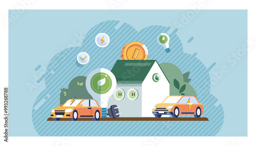 Clean energy concept. Two electric cars parked beside a house with green energy icons surrounding it. Ideal for renewable energy, electric vehicles, sustainable living, environmental conservation