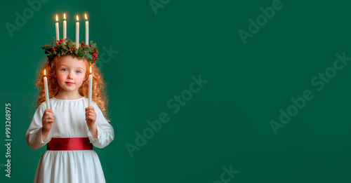 A red-haired girl dressed as Saint Lucia, with a green wreath on her head, in a white dress with a red belt and holding candles in her hands. Green pastel background. Hyper-realistic photo. photo