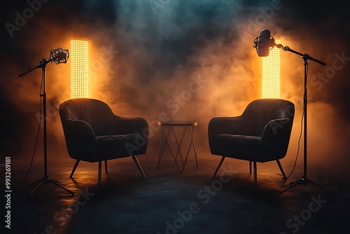 Podcast Studio Photo: Two Chairs, Two Microphones, Mood Lighting