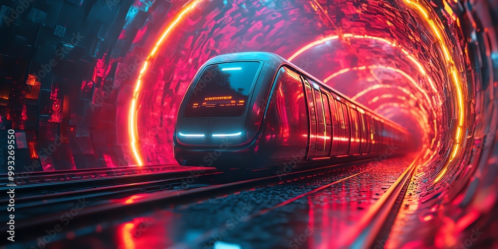 Futuristic high-speed train traveling through a neon tunnel.