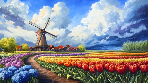 A Dutch Windmill Amidst a Field of Vibrant Tulips and Hyacinths photo