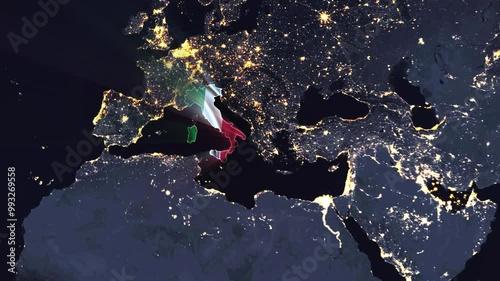 Realistic Digital Earth Night Orbit and Zoom Shining Country Flag Embedded in Borders Italy photo