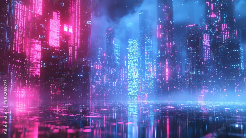 Fototapeta premium Futuristic cyberpunk city skyline with neon lights reflecting on a wet surface.