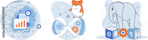 Adaptability, flexibility, resilience. Left a brain with analytical icons. Center a hamster on an infinity loop. Right an elephant with cogwheels and blocks. Ideal for mental resilience, continuous