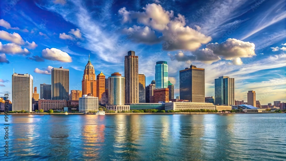 Fototapeta premium Panorama of the Detroit Michigan Skyline Tilted Angle, buildings, skyline, architecture,Detroit, skyline view, tilted angle, Michigan landmarks, bridge, cityscape, downtown, Michigan