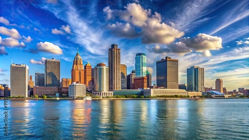 Panorama of the Detroit Michigan Skyline Tilted Angle, buildings, skyline, architecture,Detroit, skyline view, tilted angle, Michigan landmarks, bridge, cityscape, downtown, Michigan