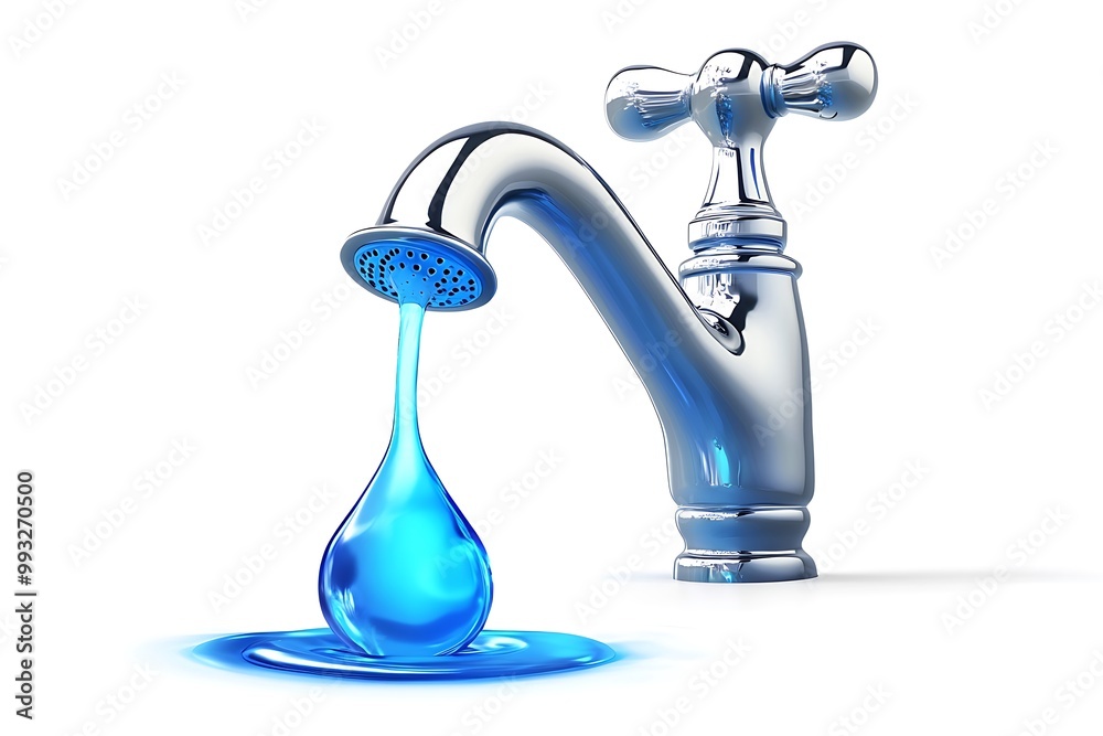 a drop of water falling from a tap, with another on the ground, on a white background Your text on right space. a drop of water falling from a tap, with another on the ground, on a white background Your text on right space.