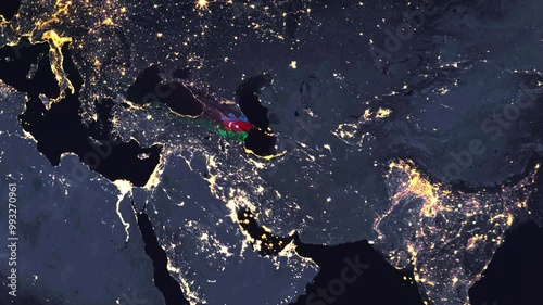 Realistic Digital Earth Night Orbit and Zoom Shining Country Flag Embedded in Borders Azerbaijan photo