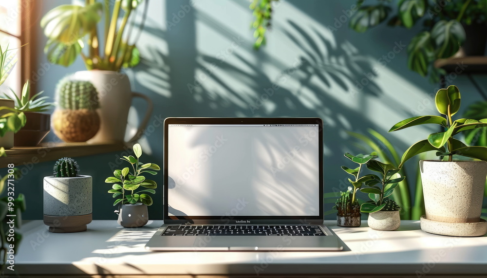Laptop and plants on a white table Laptop and plants on a white table