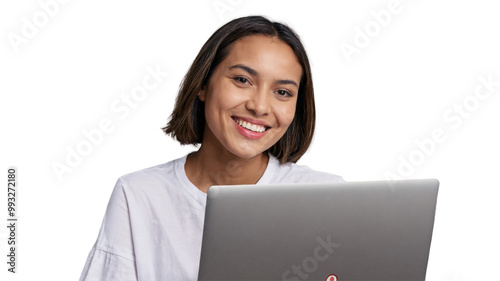 Smiling Woman with Laptop on Transparent Background – Modern Professional Portrait