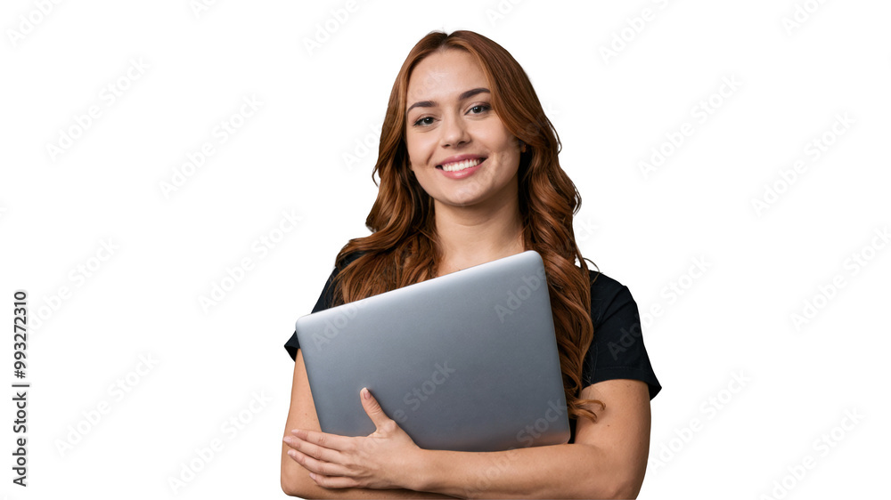 Confident Female Entrepreneur Holding Laptop on Transparent Background – Isolated Image Confident Female Entrepreneur Holding Laptop on Transparent Background – Isolated Image