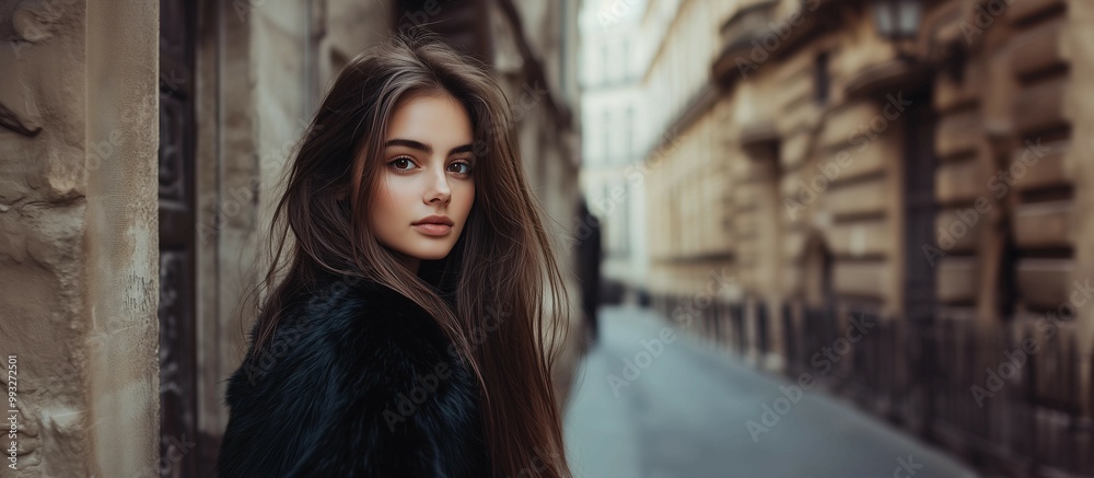 Naklejka premium Woman walks along outdoor shopping street,looking at camera,street fashion concept,copy space.