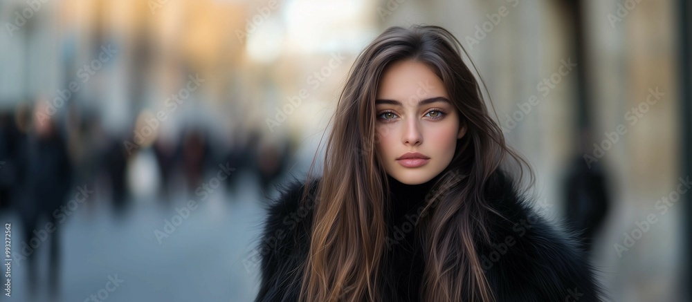 Woman walks along outdoor shopping street,looking at camera,street fashion concept,copy space. Woman walks along outdoor shopping street,looking at camera,street fashion concept,copy space.