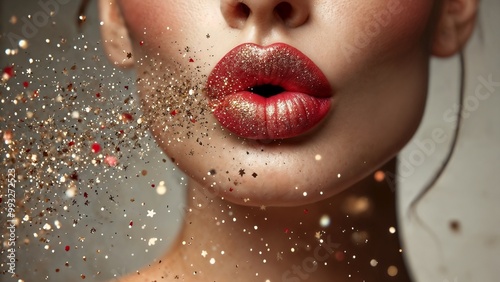 Close-up of woman blowing glitter with red glittery lips in a festive setting