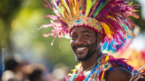 Vibrant Trinidadian Man Celebrating Carnival in Traditional Costume, Dancing Joyfully at Street Parade on Sunny Day photo