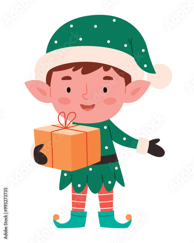 Cute christmas elf holding present decorated with bow. Happy cute little boy wearing green elf christmas costume