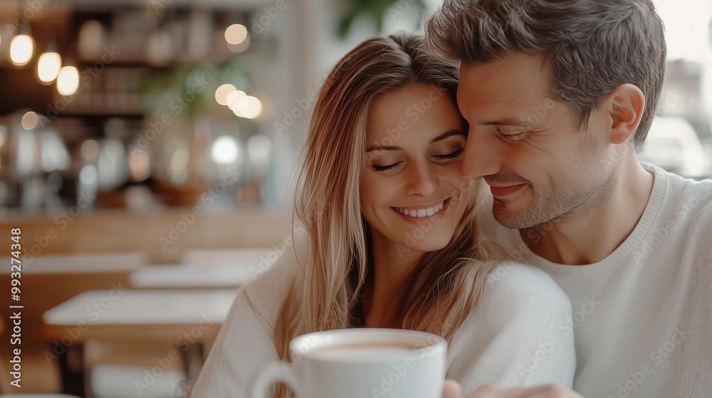 Happy couple having coffee in modern minimalist cafe,laughing and smiling at table ,copy space.