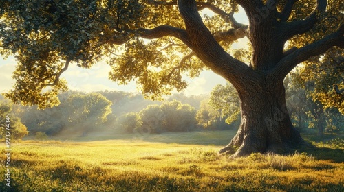 A majestic oak tree standing tall in a sunlit meadow, with its broad canopy casting dappled shadows on the ground beneath.