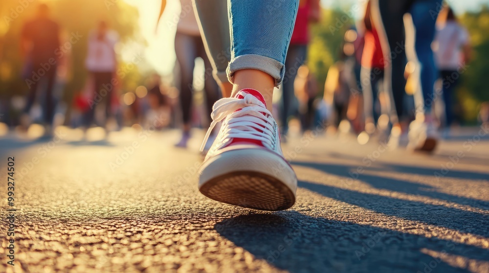 Fototapeta premium Candid Close-Up of Young People’s Feet in Sneakers Walking on City Street at Sunset
