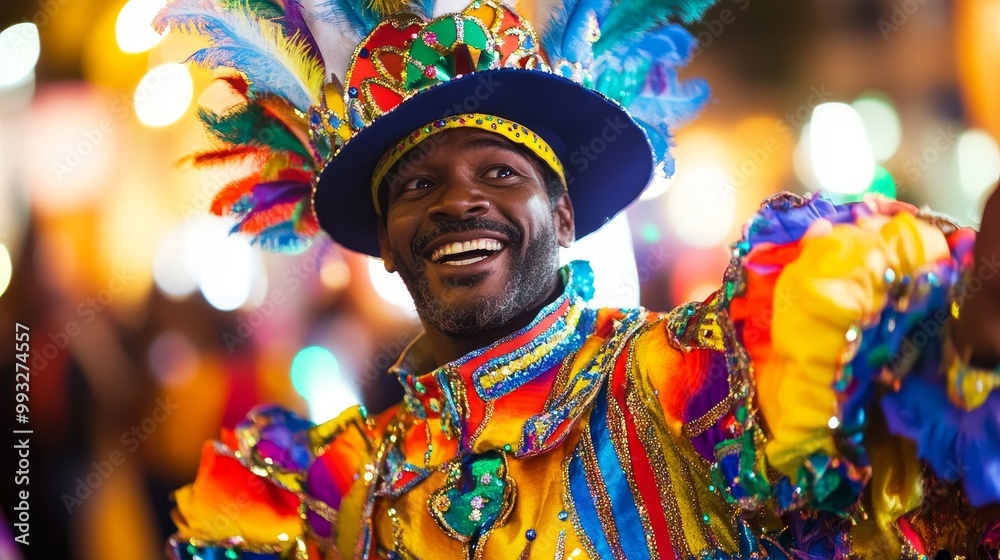 Obraz premium Vibrant South African Man Dancing at Cape Town Minstrel Carnival with Colorful Costume in Joyful Street Celebration Under Bright Lighting