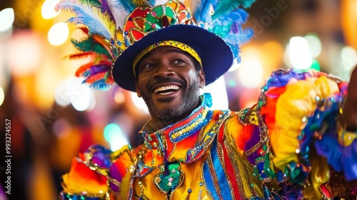 Vibrant South African Man Dancing at Cape Town Minstrel Carnival with Colorful Costume in Joyful Street Celebration Under Bright Lighting photo