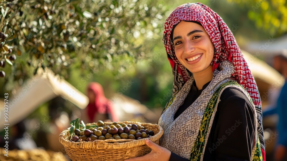 Obraz premium Palestinian Woman in Traditional Attire Harvesting Olives at Outdoor Festival on Sunny Day