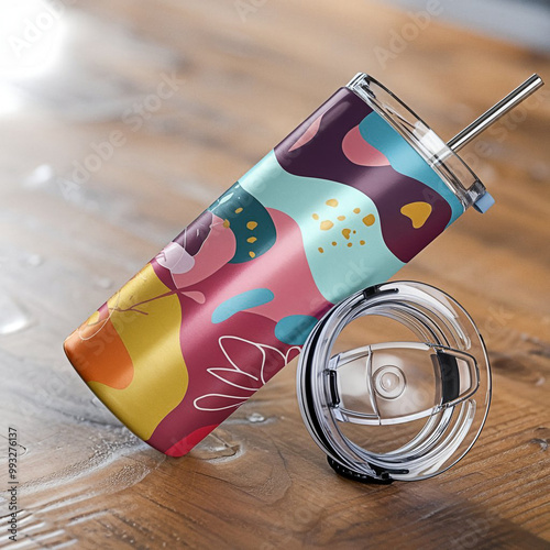 Vibrant 20oz Stainless Steel Tumbler with Abstract Art Design photo