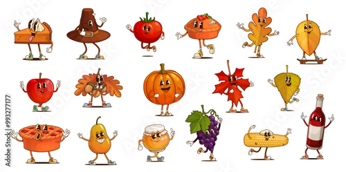Cartoon groovy thanksgiving characters. Vector pumpkin, pie, leaves, fruits, and wine bottle personages with happy expressions and playful poses celebrate the harvest season with warm, festive energy