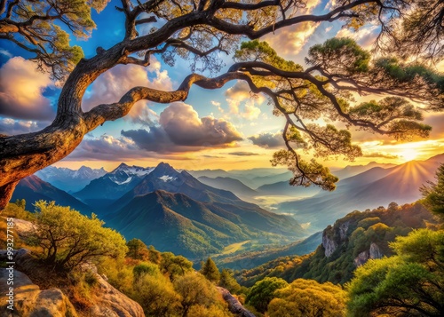 breathtaking panoramic landscape sprawling tree branches majestic mountain photo