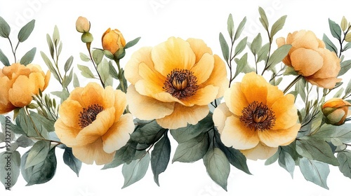Fototapeta Naklejka Na Ścianę i Meble -  delicate watercolor bouquet featuring soft peonies leaves and branches in muted yellow and green tones artistically arranged against a white background embodying elegance and tranquility