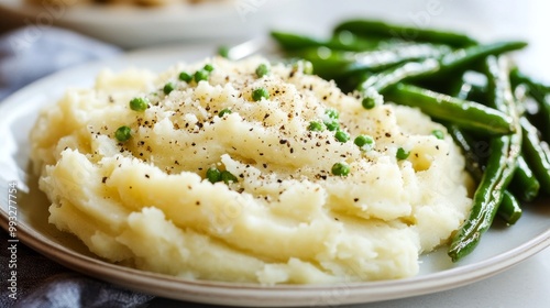 Creamy mashed potatoes topped with parmesan and black pepper served with roasted green beans on a white plate