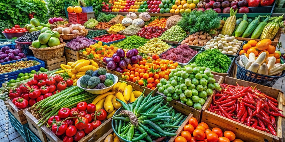 Fresh and Colorful Local Produce at a Farmers Market with a Variety of Fruits and Vegetables Fresh and Colorful Local Produce at a Farmers Market with a Variety of Fruits and Vegetables