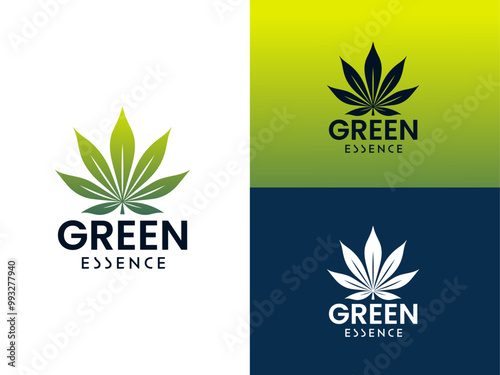 Green cannabis leaf logo with Green Essencelogo design. perfect for a CBD or marijuanarelated business looking for a modern and sleek branding design. EPS Layered Vector File