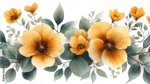 Fototapeta Naklejka Na Ścianę i Meble -  delicate watercolor bouquet featuring soft peonies leaves and branches in muted yellow and green tones artistically arranged against a white background embodying elegance and tranquility