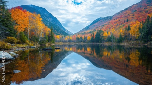 A scenic view of a mountain lake surrounded by autumn foliage, with reflections of the colorful trees mirrored in the calm waters.