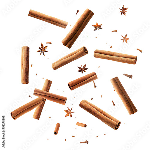 Floating cinnamon sticks in air on isolated transparent background
