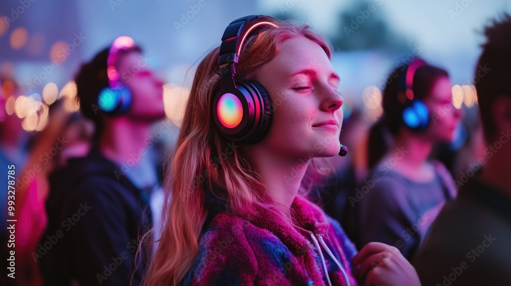 Festival goers enjoying a silent disco Festival goers enjoying a silent disco