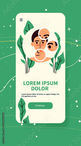 Longevity health lifestyle concept showing aging stages with faces of different ages surrounded by leaves in a green background mobile application screen