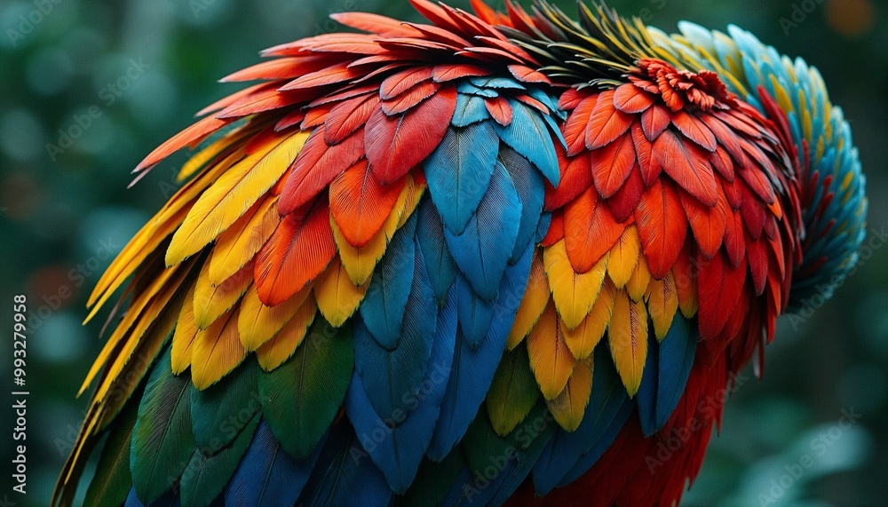 Obraz premium Close-up of a parrot's vibrant feathers in red, yellow, green, and blue showcasing exquisite texture
