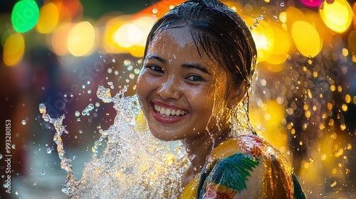 Joyful Burmese Woman Splashing Water at Thingyan Festival Under Bright Outdoor Lighting photo