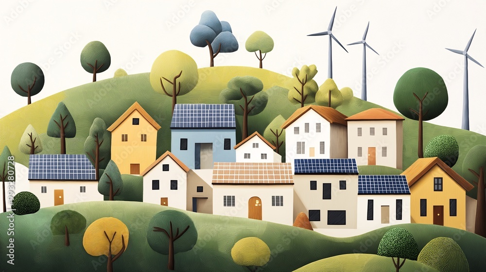 Eco-Friendly Village with Wind Turbines and Solar Panels Eco-Friendly Village with Wind Turbines and Solar Panels