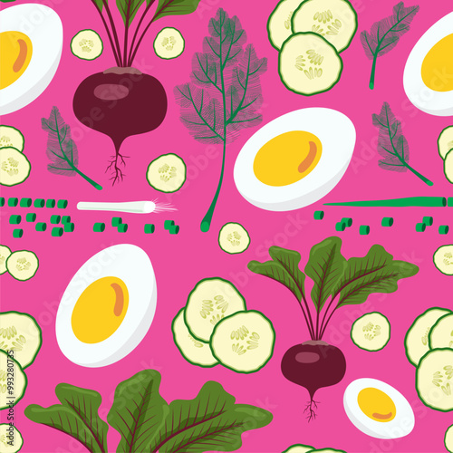 Lithuanian cold seamless beet soup. Pink soup ingredients. Egg, beetroot, cucumber, onion and dill. Isolated on light pink background.