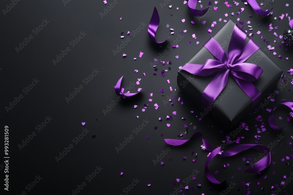 A stylish black gift box with a purple ribbon bow, confetti, and satin ribbon on an isolated violet background with an empty space is shown in this top view photo A stylish black gift box with a purple ribbon bow, confetti, and satin ribbon on an isolated violet background with an empty space is shown in this top view photo